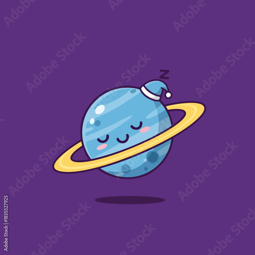 Cute Sleeping Blue Planet Wearing Nightcap Vector Illustration
