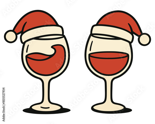 Cartoon Santa Claus vector illustration celebrates Christmas with a funny, happy Santa holding a glass of fun holiday wine