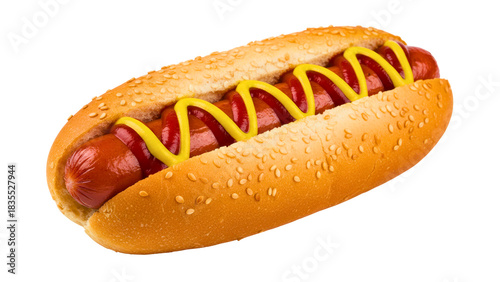 Fotografie Classic hot dog in a sesame seed bun drizzled with yellow mustard and red ketchu