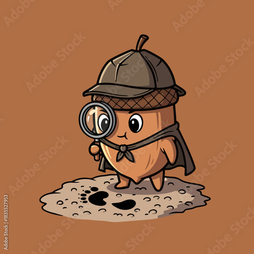 Cute Acorn Detective Holding Magnifying Glass Vector Illustration