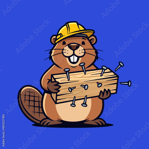 Beaver Construction Worker Holding Wooden Planks Vector Mascot