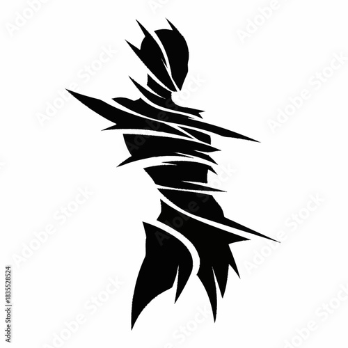 Abstract black silhouette of a shattered humanoid figure.