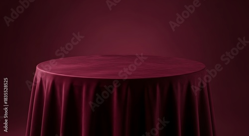 Elegant burgundy velvet tablecloth draped over a round pedestal against a moody dark red background