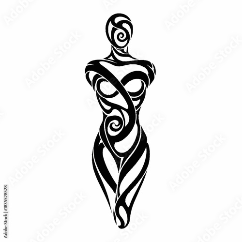 Abstract Tribal Art Female Form Silhouette Black and White.