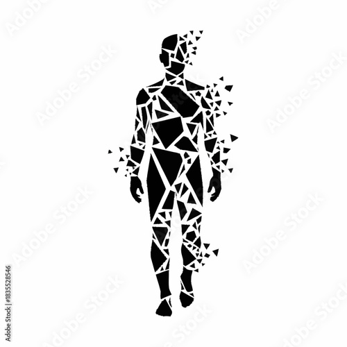 Abstract Human Figure Disintegrating into Geometric Shapes.