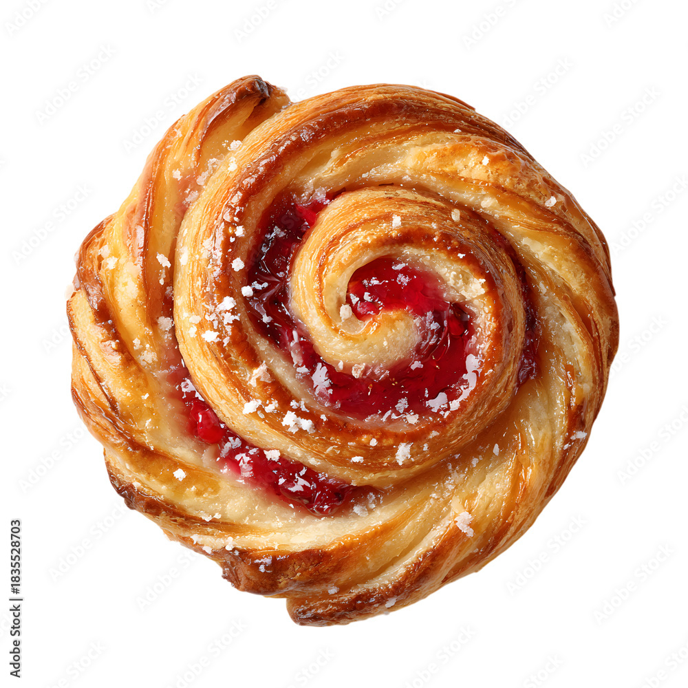 Fototapeta premium A close up shot of a delicious raspberry danish pastry on black background on transparent background