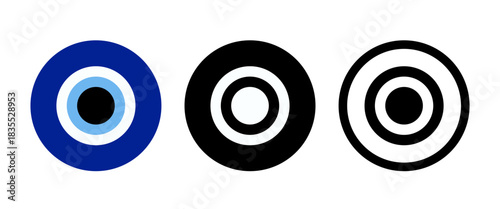 Evil eye icon set with bold concentric circle symbols in blue and monochrome styles representing protection talisman designs ideal for logos stickers decor prints branding elements