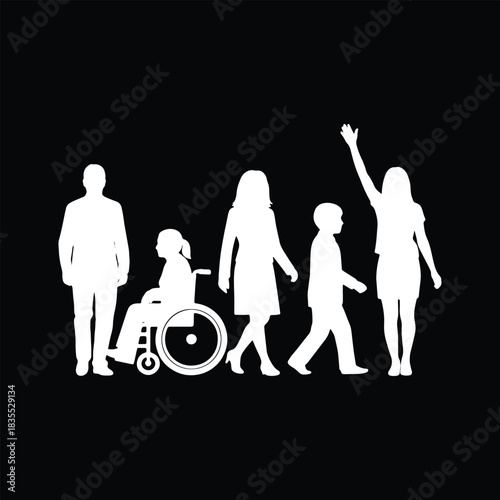 White silhouettes of diverse people including a person in a wheelchair walking diversity inclusion