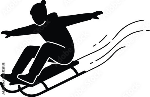 A dynamic black silhouette vector illustration of a person sledding downhill with arms outstretched for balance, accompanied by stylized speed lines to indicate fast motion and winter fun.