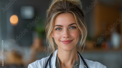 Portrait of a Smiling Female Doctor in Healthcare Setting with Stethoscope | Professional Medical Services and Patient Care
