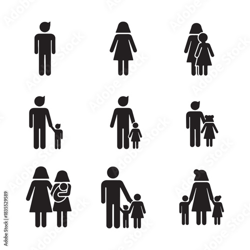 Black Family Silhouettes Icons Set on White Background vector