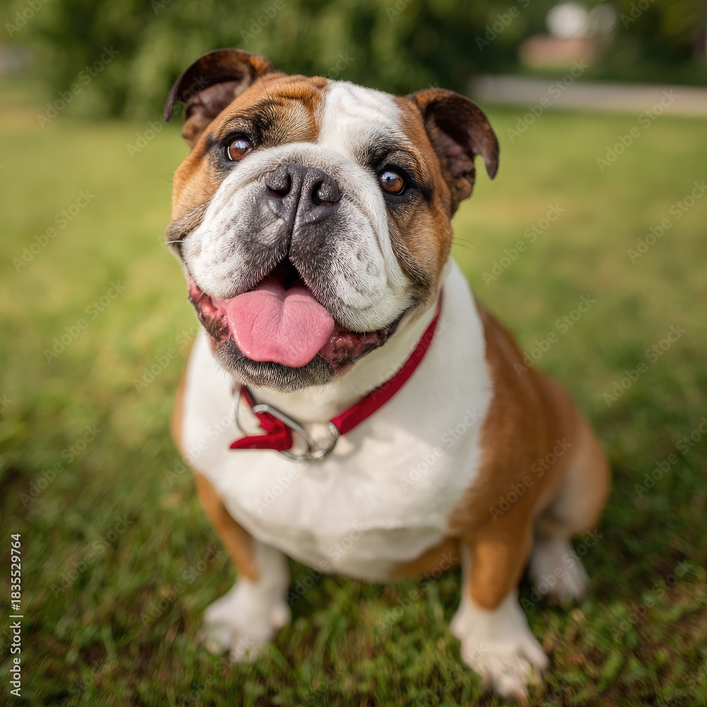Obraz premium Happy bulldog portrait outdoors on green grass with red collar smiling