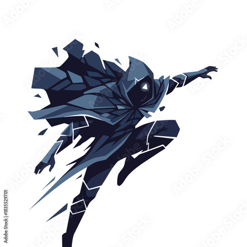 A stylized illustration showcases a hooded figure in mid-action, with geometric shapes and a limited color palette creating a dynamic and mysterious atmosphere.