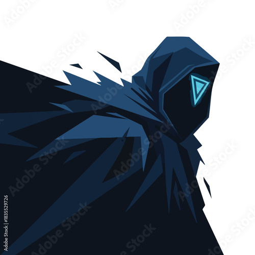 A stylized illustration of a hooded figure with a glowing triangle on its face, evoking a sense of mystery and futuristic anonymity on a white background.