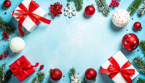 Christmas holiday background with red and white ornaments, gifts, fir tree branches, and snowflakes creating a festive frame around a light blue, textured copy space. Top view flat lay.