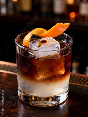 Premium Cocktail with Orange Peel Twist and Ice Cubes