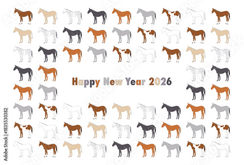 2026年午年の年賀状(色々な品種の馬模様)