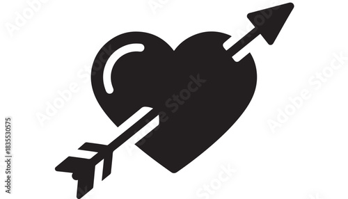 Stunning black silhouette icon of a heart pierced by Cupid's arrow representing romance and eternal love for Valentine designs