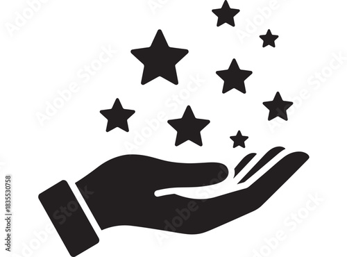 Stunning black silhouette hand offering magical shining stars symbolizing achievement success or high customer satisfaction rating