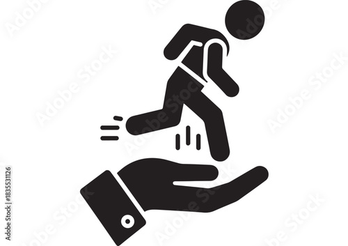 Essential support concept showing a sprinting figure safely landing in a caring, open human hand ready for movement or transition