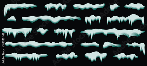 Collection of various abstract icicles and frozen shapes on black background