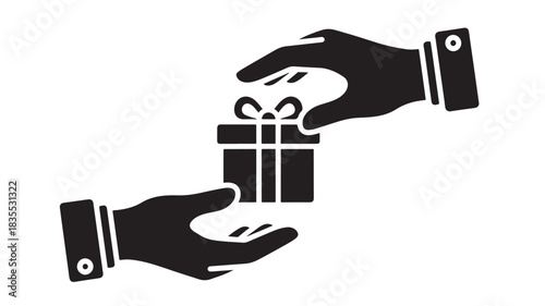 Professional silhouette of hands exchanging a neatly wrapped gift box symbolizing appreciation reward or service delivery in a clean modern design
