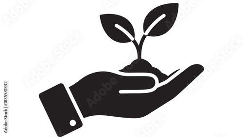 Elegant black silhouette of a hand gently nurturing a small growing plant symbolizing environmental responsibility and business sustainability development