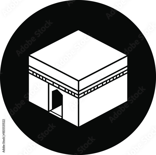 Circular kaaba muslim pray icon shows qibla direction for mecca pilgrimage and islamic worship in black background
