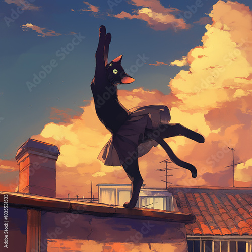A black cat leaping between rooftops against a dramatic orange-and-blue sunset sky, capturing freedom, courage, and adrenaline.