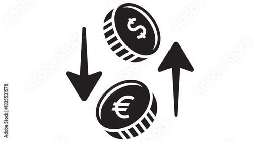 Dynamic concept illustrating dollar to euro currency exchange rate fluctuations with clear up and down market movement indicators