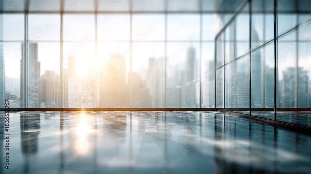 Fototapeta premium Urban Reflections: An expansive cityscape unfolds through the glass walls of a modern architectural marvel, where the world outside meets the sleek interiors, merging into a unified scene.