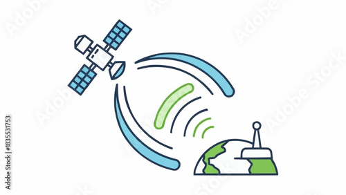 A satellite orbiting Earth sending and receiving signals with a ground station, illustrating global communication technology.