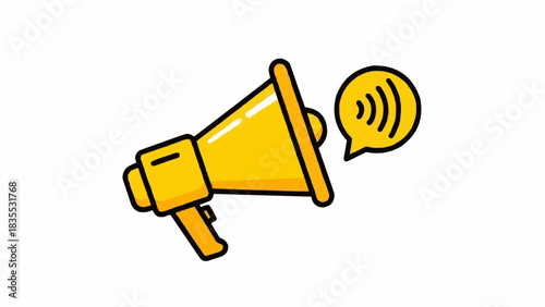A vibrant yellow megaphone icon with a speech bubble showing sound waves, symbolizing announcement or communication.