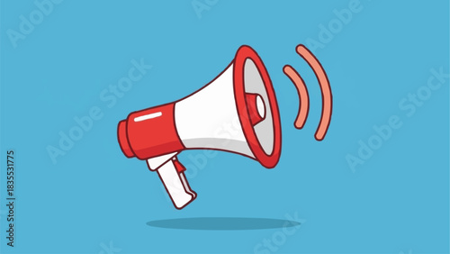 A red and white megaphone with sound waves on a blue background, symbolizing announcement or communication.