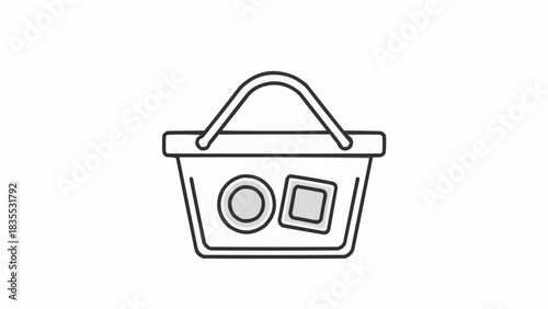 Minimalist line art icon of a shopping basket containing various generic items, representing retail and commerce.