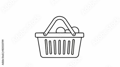 Simple line art drawing of a shopping basket filled with items, representing retail, grocery, or consumer purchasing.