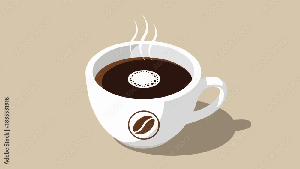 Obraz premium A white ceramic coffee cup filled with hot dark coffee, with steam rising and a coffee bean logo.