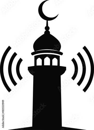 Islamic call to muslim pray from mosque minaret with crescent and radio waves flat black line art vector