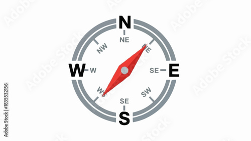 A detailed illustration of a magnetic compass with a red needle pointing towards the northeast direction.