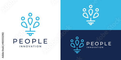 Creative simple people innovation logo template. Abstract people human person leader with lightbulb logo design vector illustration.