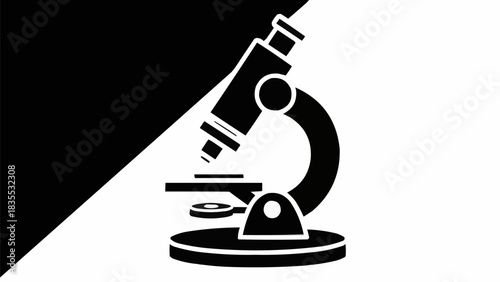 A black and white graphic illustration of a compound microscope, symbolizing scientific research and discovery.