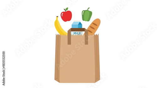 A brown paper bag filled with milk a banana an apple a loaf of bread and a green bell pepper