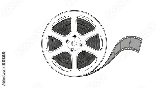 A film reel is shown coiled with segments of film extending from the reel