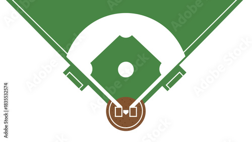 A green baseball diamond including home plate bases and outfield