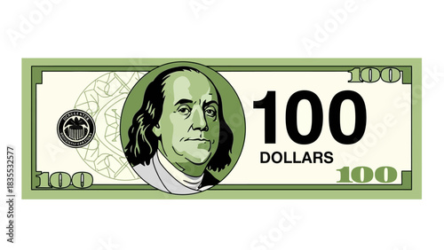 A detailed illustration of a US hundreddollar bill featuring Benjamin Franklins portrait
