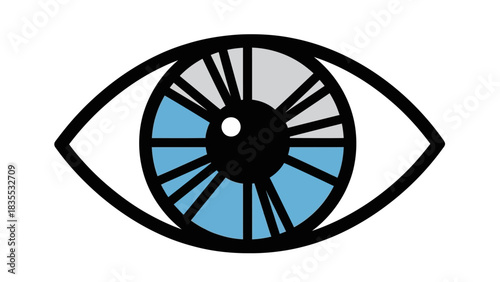 A stylized eye with a black outline and pupil a white highlight and a blue and grey segmented iris