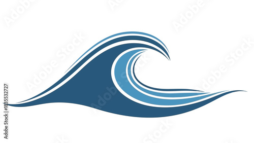 A stylized ocean wave crests featuring layers of blue hues and a curled sharp peak