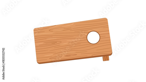 A tan wooden cornhole board has a circular opening near the right edge