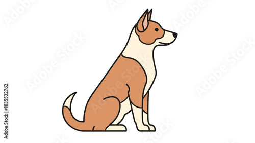 A tan and beige dog sits facing right with erect ears and a curled tail Black outline