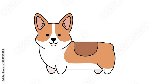 Cartoon corgi with brown tan and white fur standing on a white background